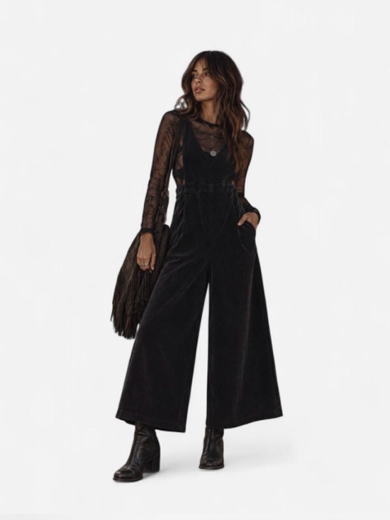 Dear John Pants - NWT Dear John Boho Goth Corduroy Jumpsuit Wide Leg Cropped Sivan Tie Back S/M